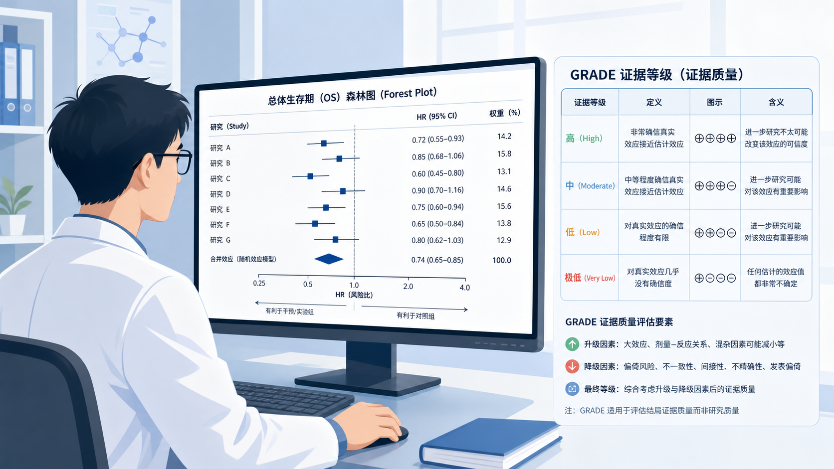 医学科研人员在电脑前查看森林图和GRADE证据等级表，画面包含HR、95%CI、参考线和证据分级图标