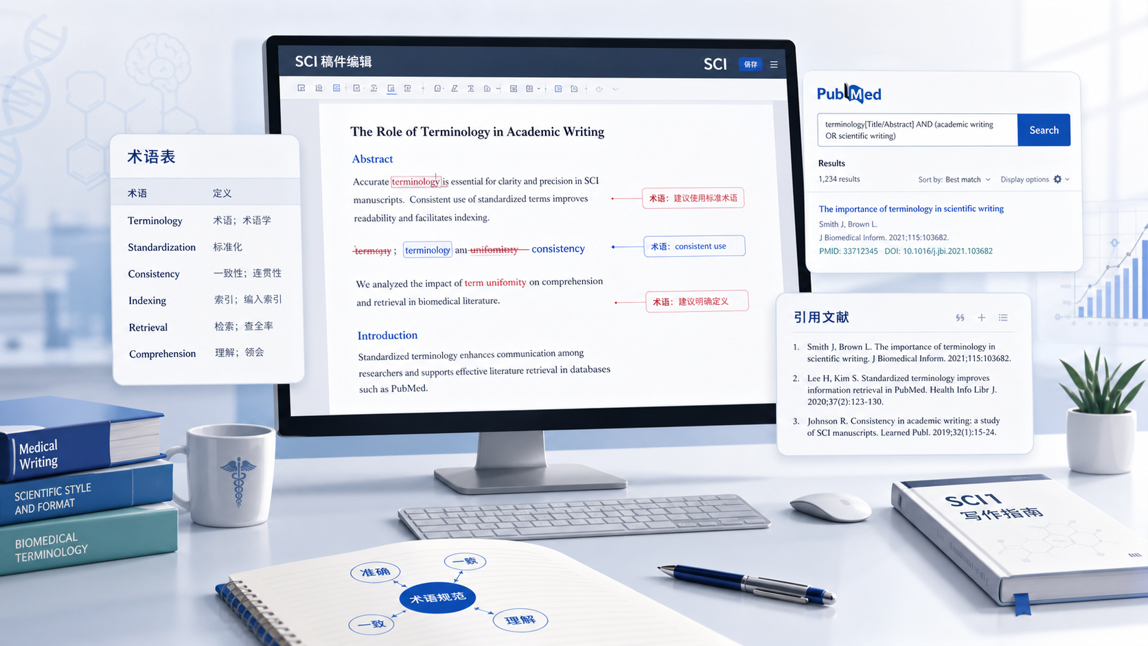 医学论文写作场景,电脑屏幕展示SCI稿件、术语表、PubMed检索界面与标注修订痕迹,突出“术语标准化”和“规范写作”主题。