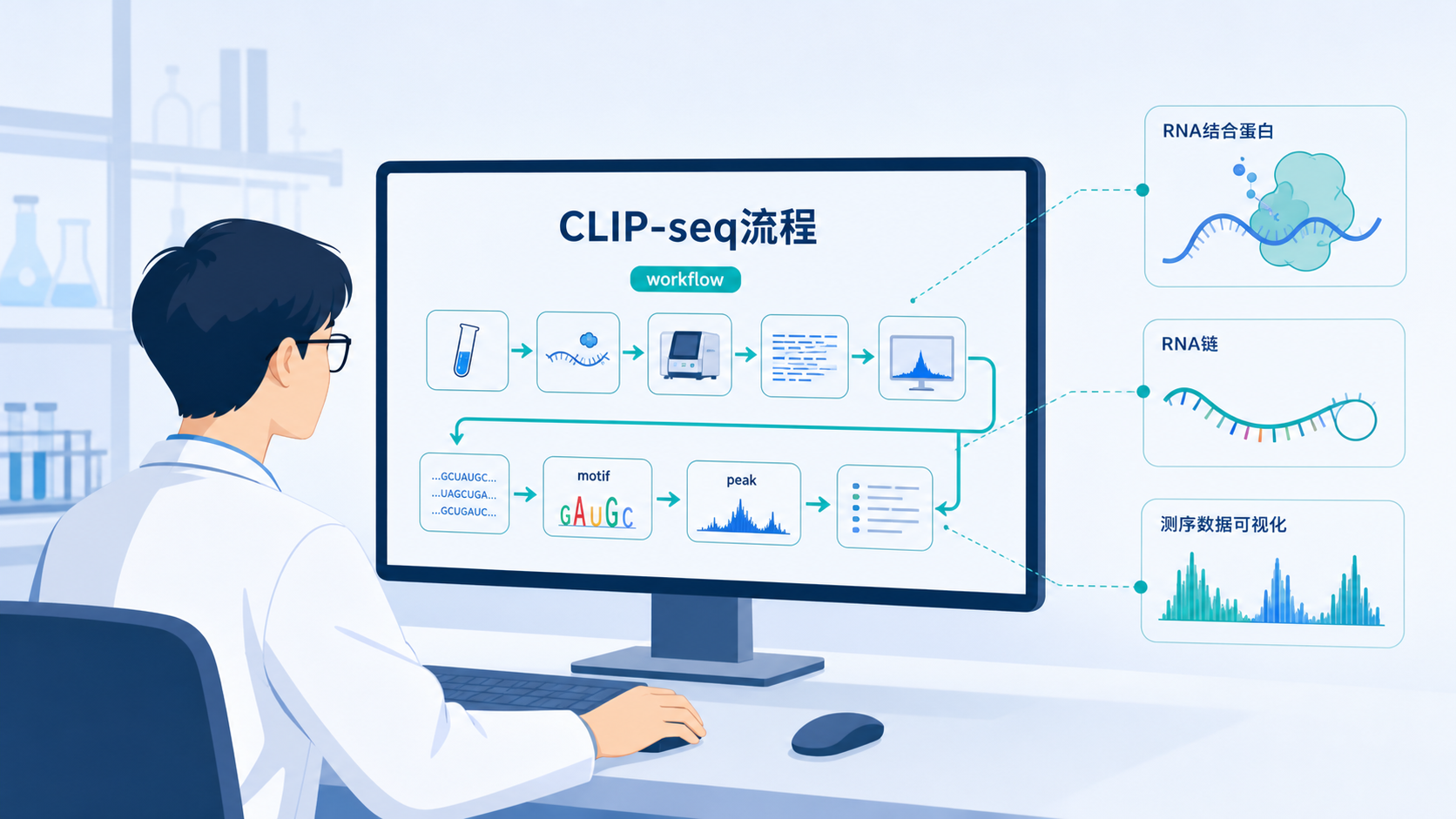 科研人员在电脑前查看CLIP-seq分析流程图,旁边展示序列motif、峰图和工作流模块界面。