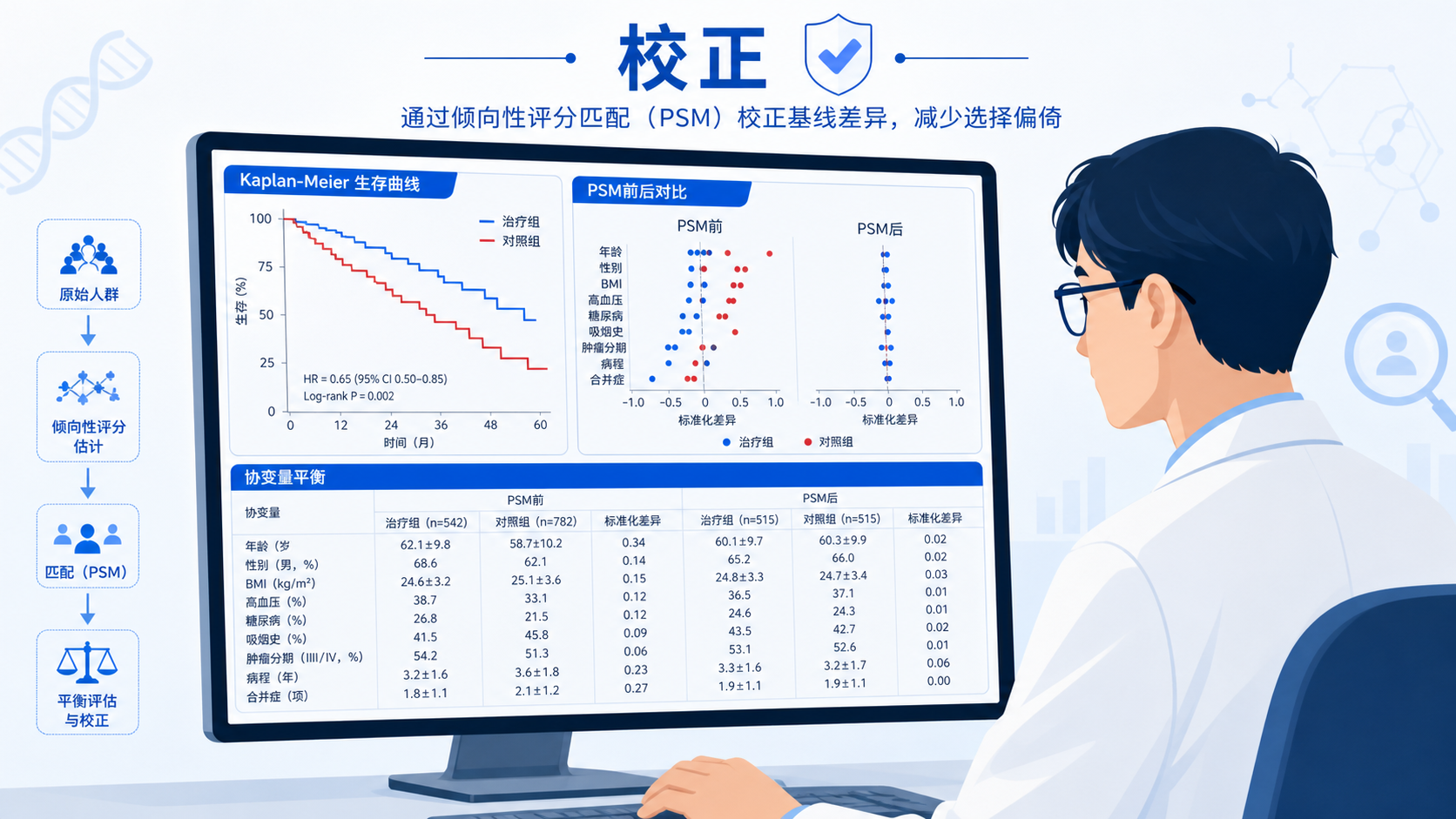 临床研究者在电脑前查看Kaplan-Meier生存曲线、PSM前后对比图和协变量平衡表，强调“校正前后差异”的概念。