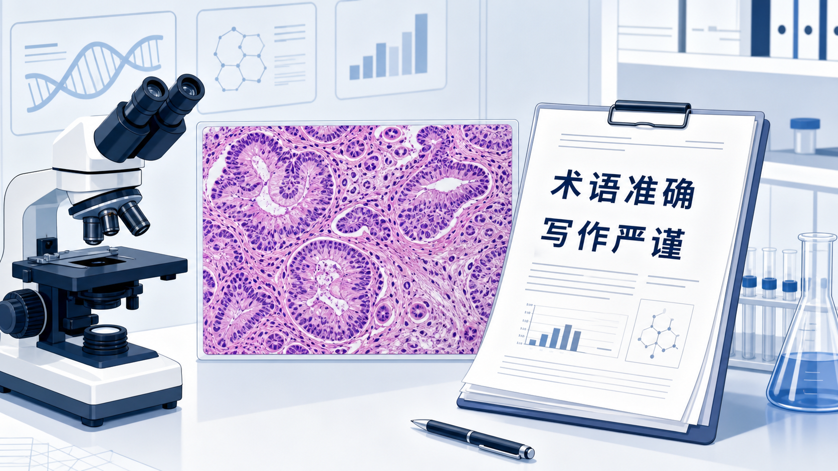 病理显微镜、HE染色切片和SCI论文手稿并列的专业科研场景，突出“术语准确、写作严谨”的主题