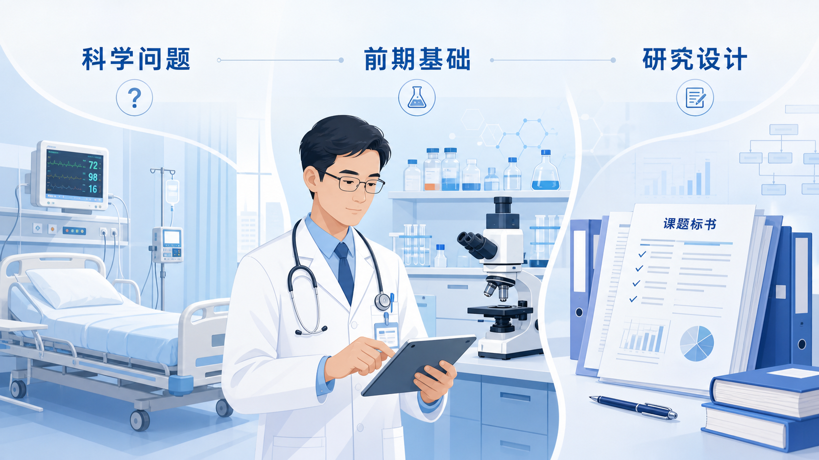 临床医生在病房、实验室和课题标书之间切换,画面中叠加“科学问题、前期基础、研究设计”三个关键词,突出临床转化课题申报场景