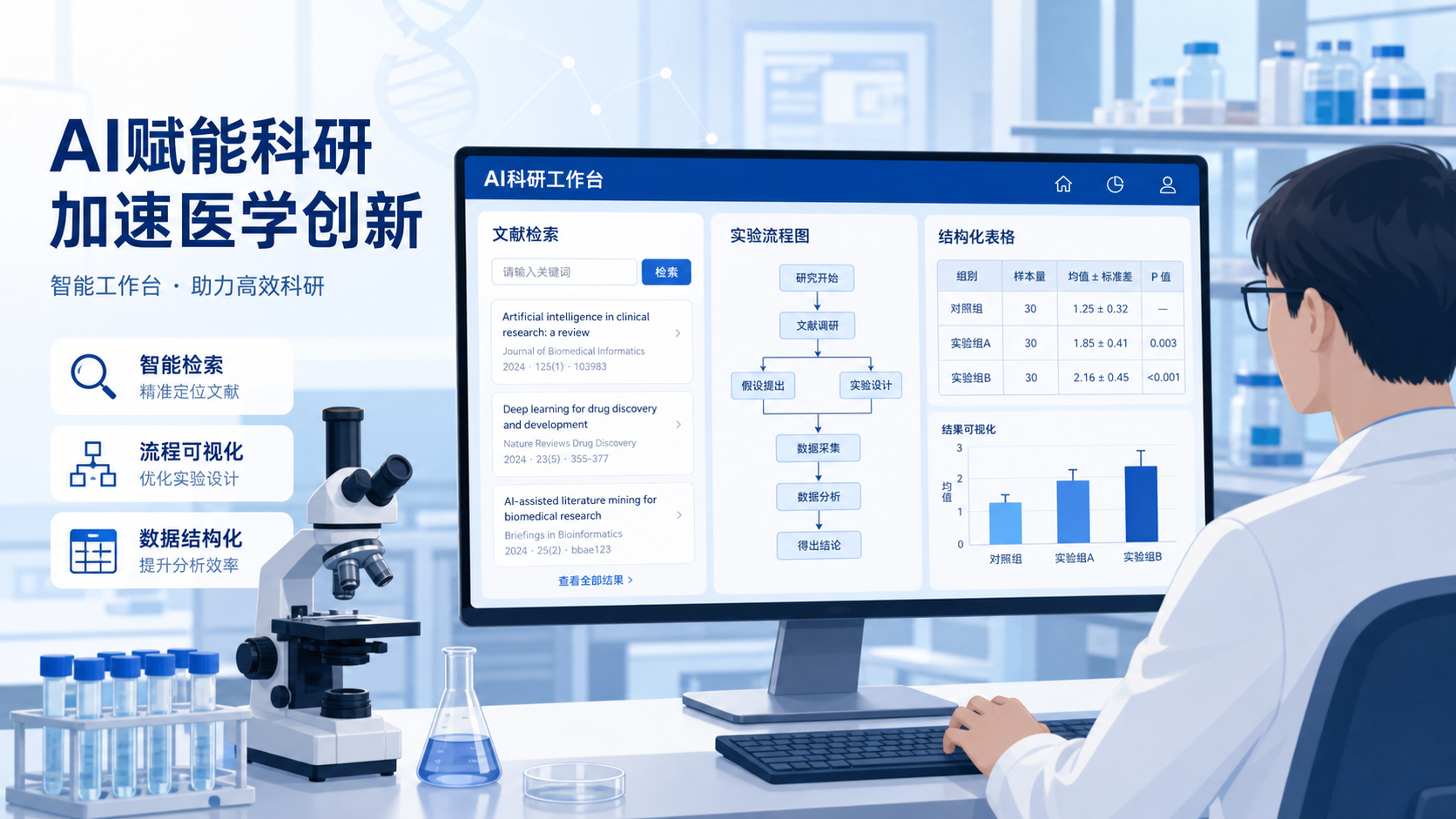 科研人员在电脑前打开AI工作台,屏幕上显示文献检索、实验流程图和结构化表格,背景为实验室环境