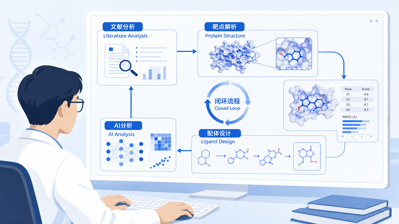 科研人员在电脑前查看蛋白结构、配体设计流程图和AI分析界面,突出“文献分析到配体设计”的闭环