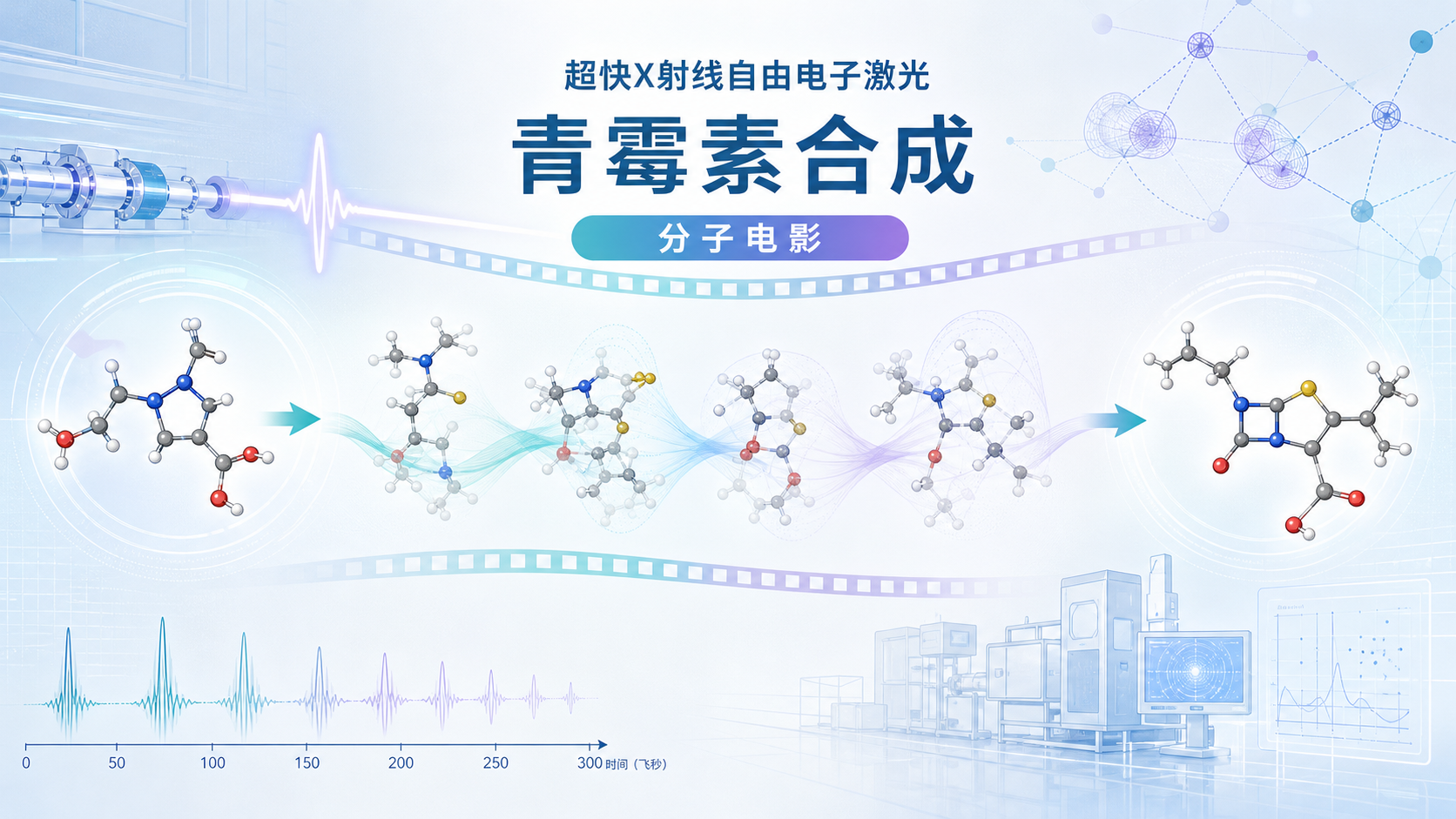 英国牛津大学等机构的科学家利用超快X射线自由电子激光技术，为青霉素的合成过程拍摄了一段"分子电影"，首次实时捕捉到β-内酰胺环这一关键结构形成过程中的极不稳定中间体，破解了困扰科学界40多年的反应机理难题。相关成果发表于最新一期《自然·催化》（Nature Catalysis）杂志，为新型抗生素研发提供了重要参考。
