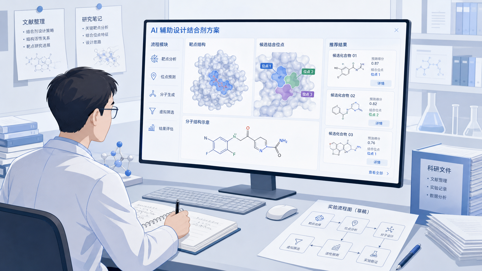 生物医学研究者在电脑前整理文献、绘制实验流程图,旁边展示AI辅助设计结合剂方案的界面