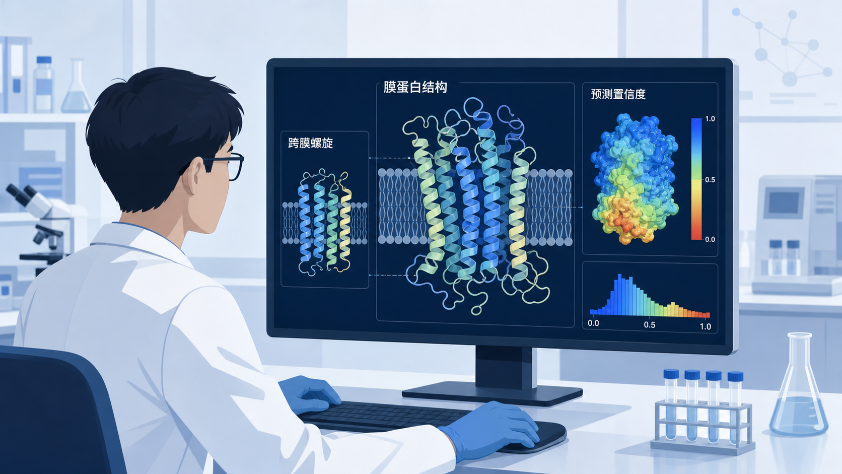 实验室场景中，研究人员在电脑前查看膜蛋白三维结构模型，旁边叠加蛋白跨膜螺旋和预测置信度热图界面，突出AI辅助结构预测主题。