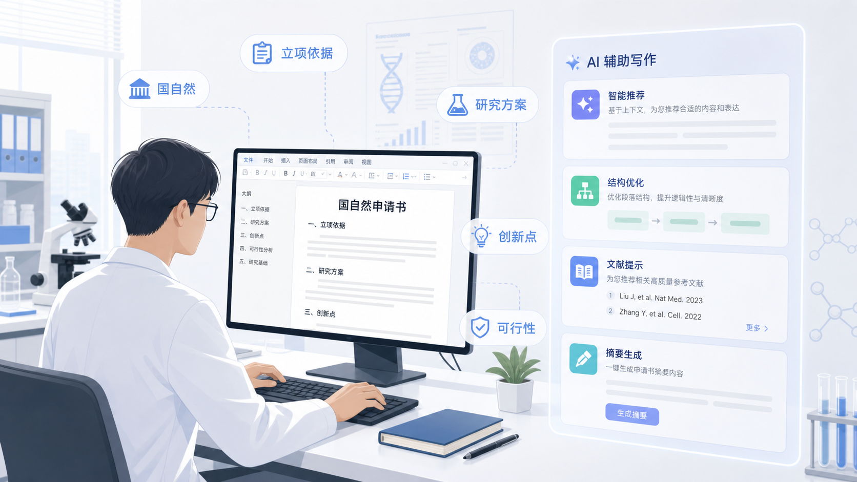 科研人员在电脑前撰写国自然标书,旁边叠加AI辅助写作界面与基金申请文档关键词。