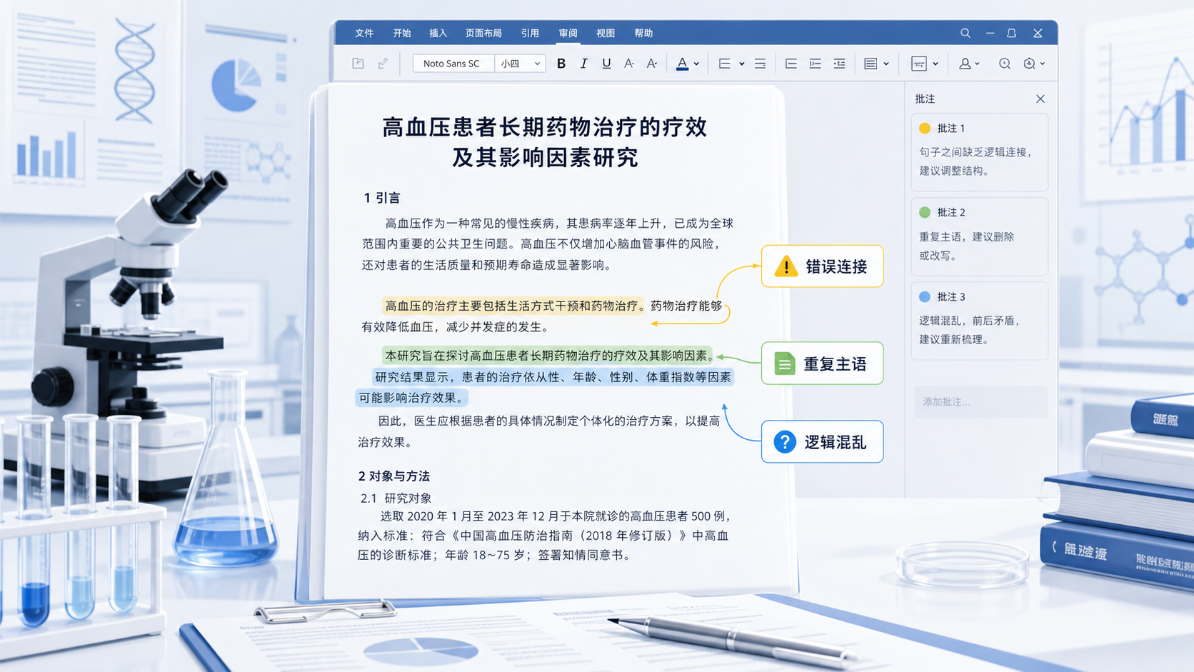 实验室场景中,论文稿件上的并列句被高亮标注,旁边有“错误连接”“重复主语”“逻辑混乱”等提示,突出SCI写作语法问题