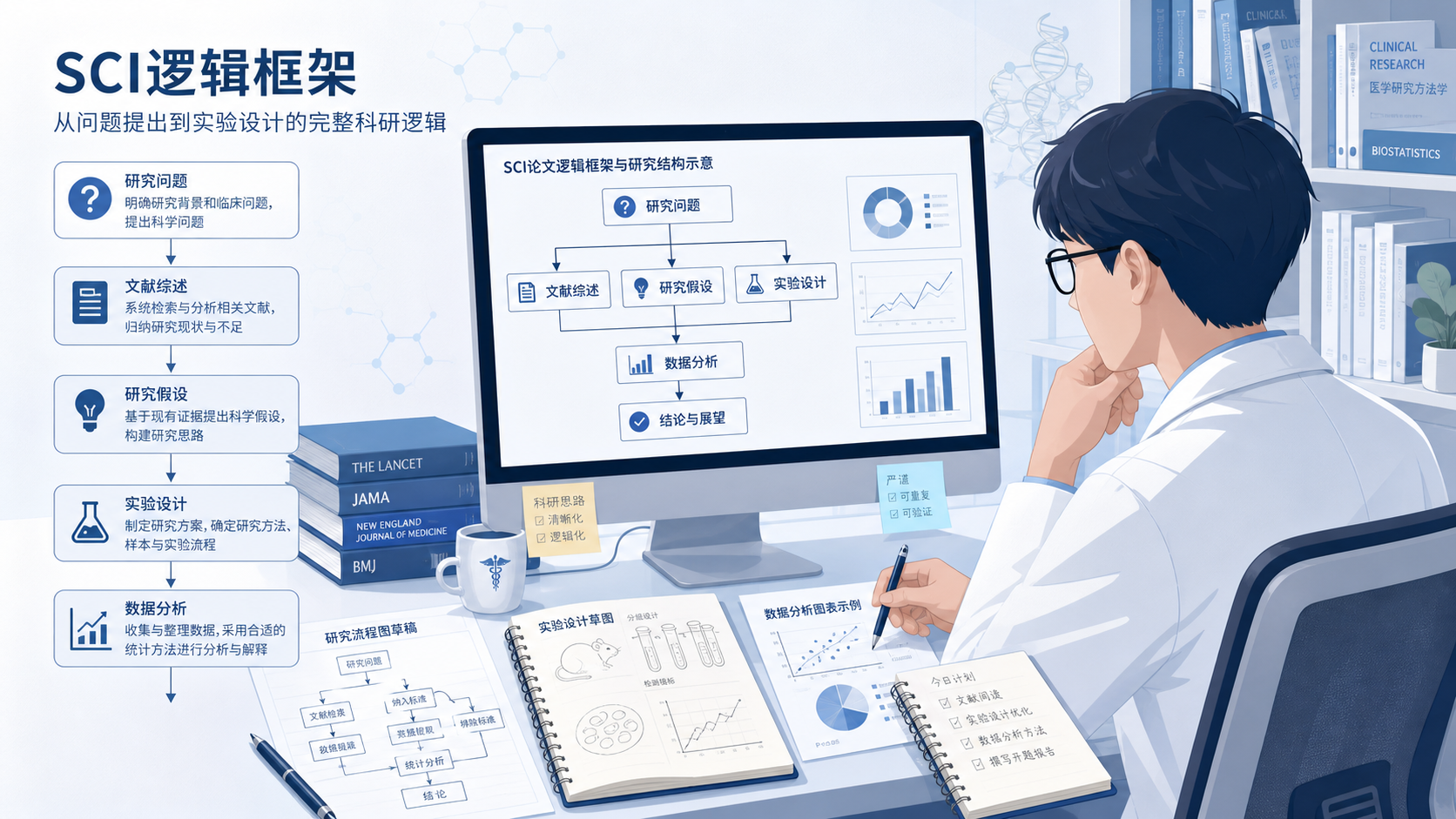 医学生在电脑前梳理科研思路，旁边有流程图、文献和实验设计草图，强调SCI逻辑框架搭建。
