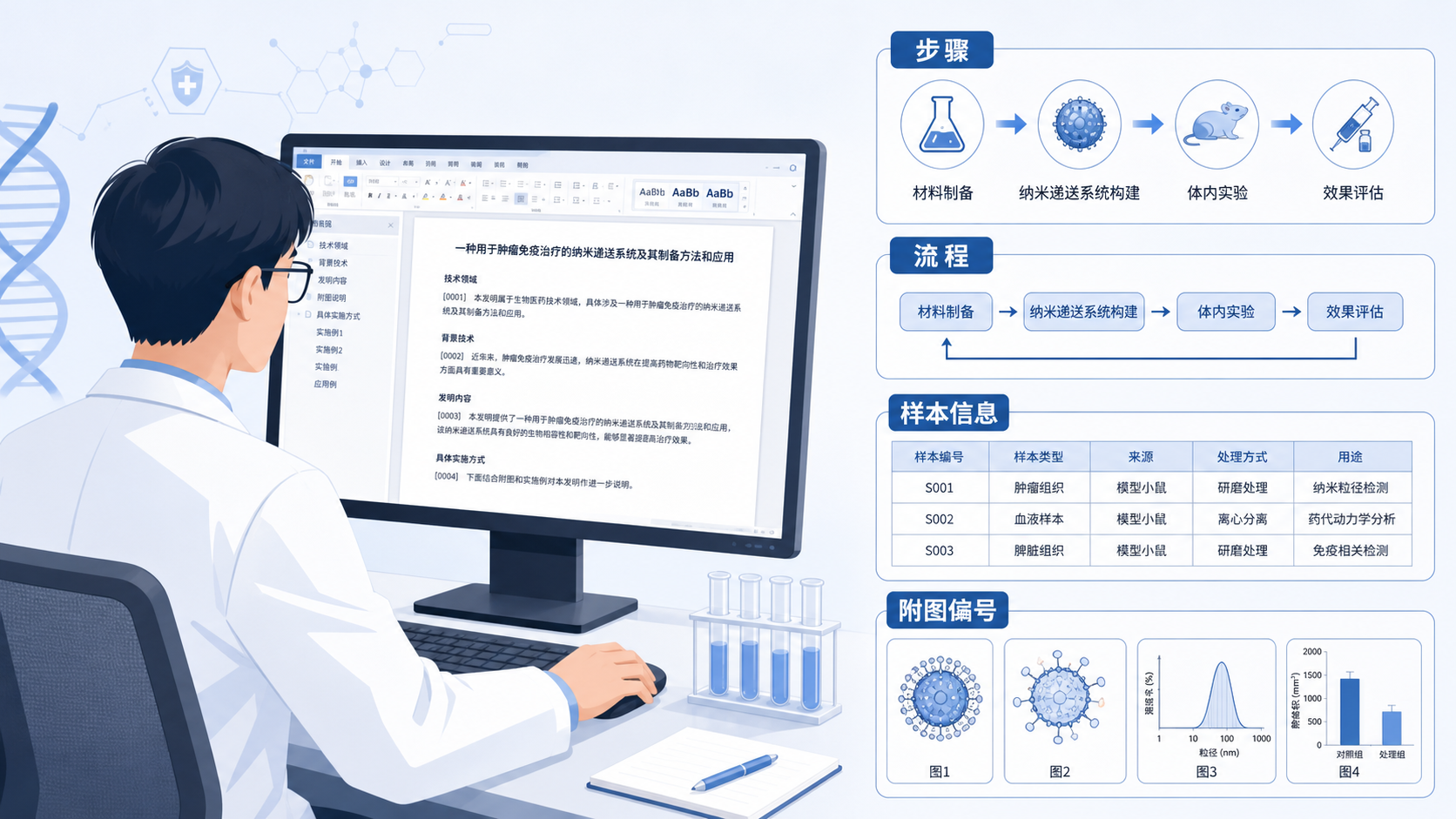 一位科研人员在电脑前编辑专利说明书,旁边并列显示实验流程图、样本信息表和专利附图编号,强调“步骤清晰、图文对应”的写作场景。