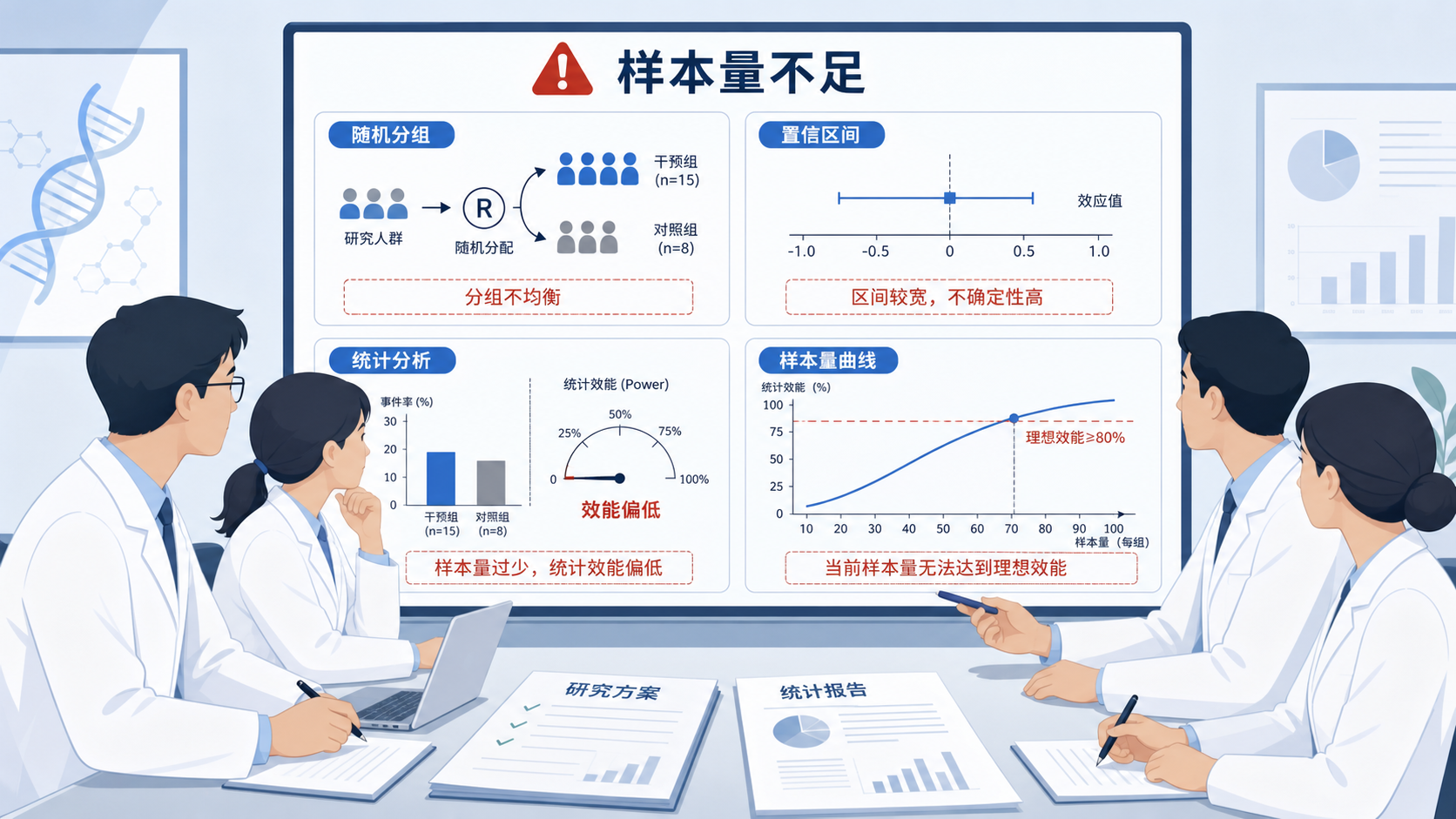 临床研究者在会议室讨论样本量计算,旁边显示随机分组、置信区间和统计分析图表,突出“样本量不足”主题