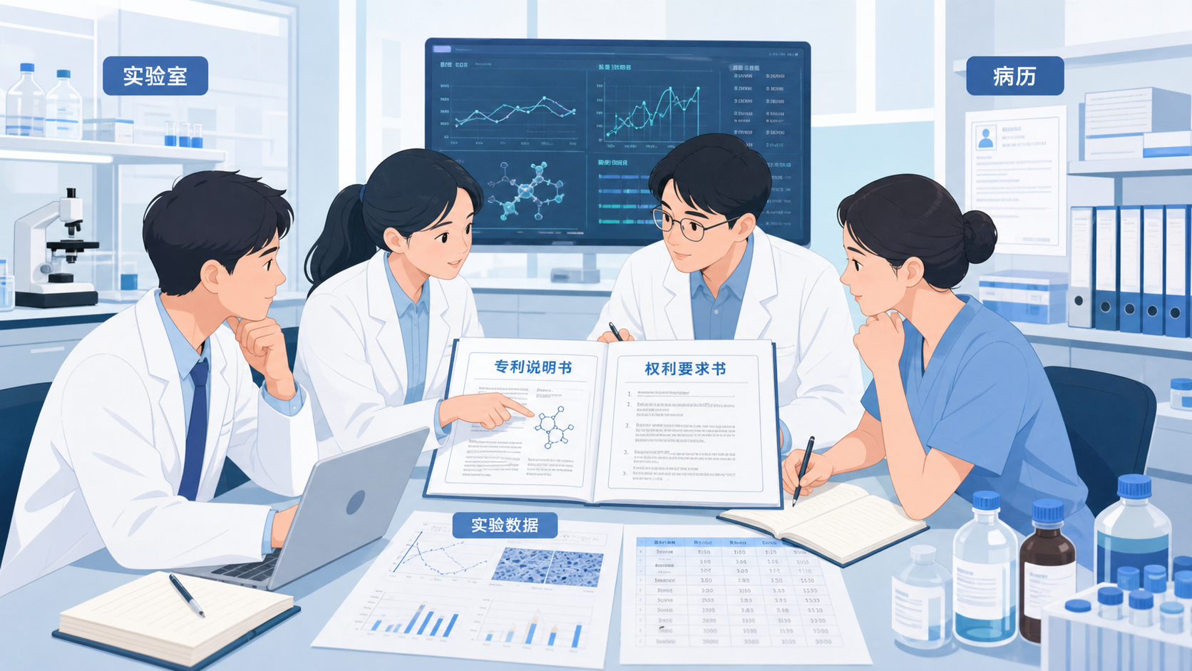 医学生与科研人员围绕专利说明书、权利要求书和实验数据进行讨论的工作场景,背景包含实验室、病历和专利检索界面
