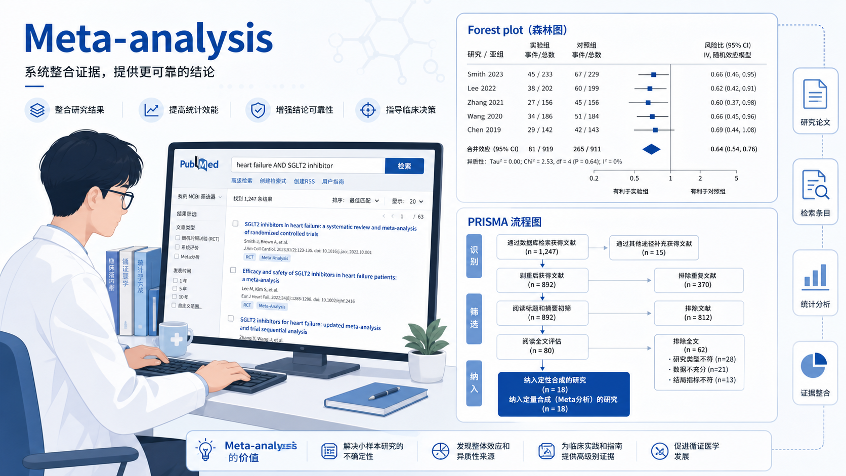 医学生在电脑前整理文献，旁边展示PubMed检索界面、森林图和PRISMA流程图，突出meta分析全流程。