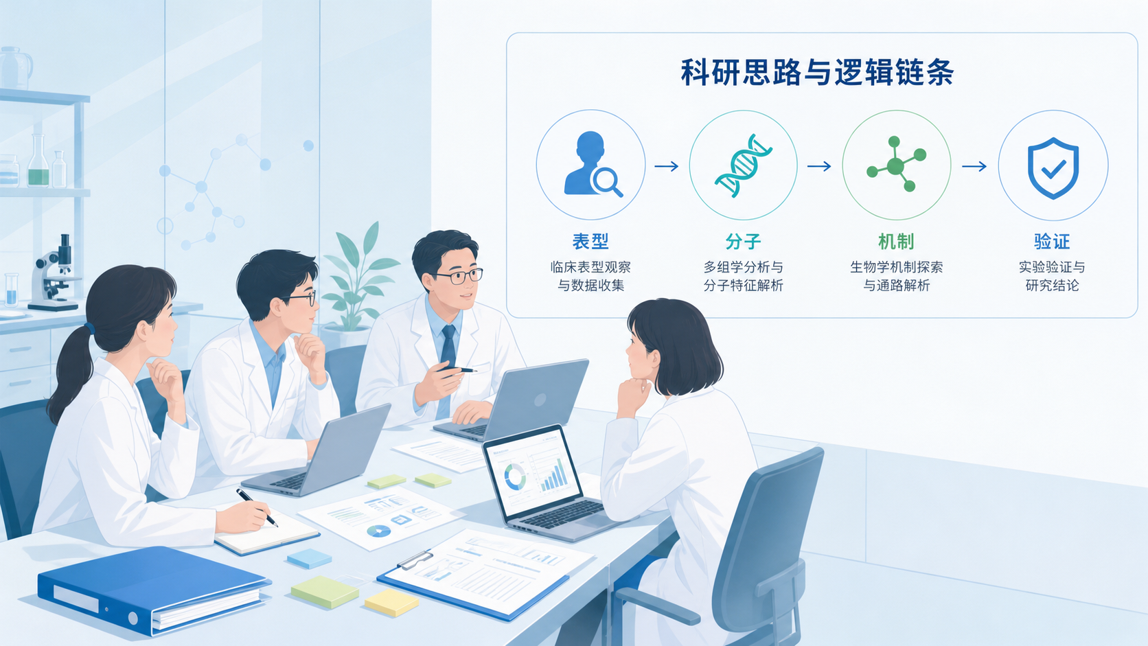 科研人员在会议桌前梳理课题思路，旁边有“表型-分子-机制-验证”流程图