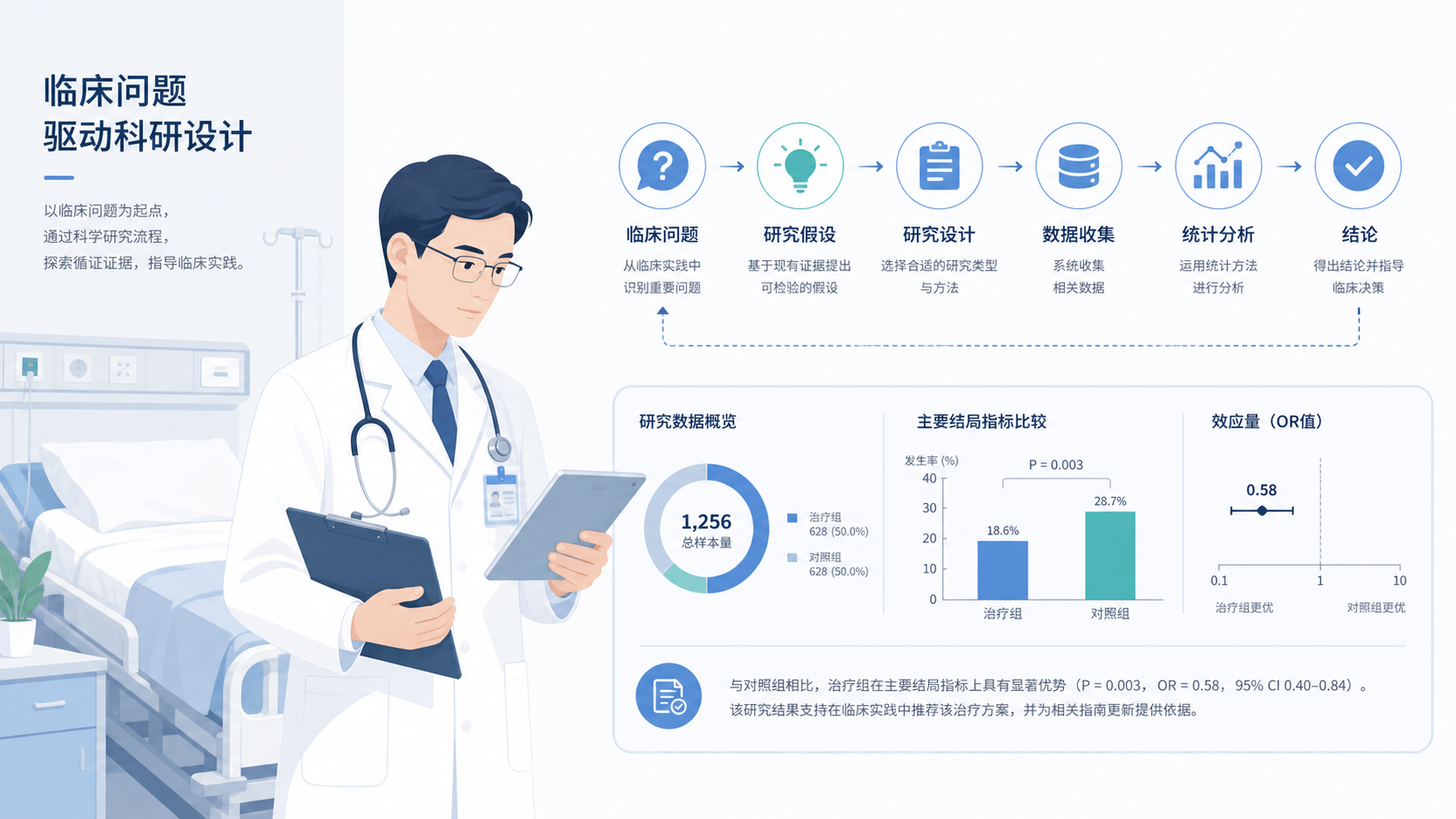 临床医生在病房查房、旁边叠加科研流程图，表现“临床问题驱动科研设计”的概念