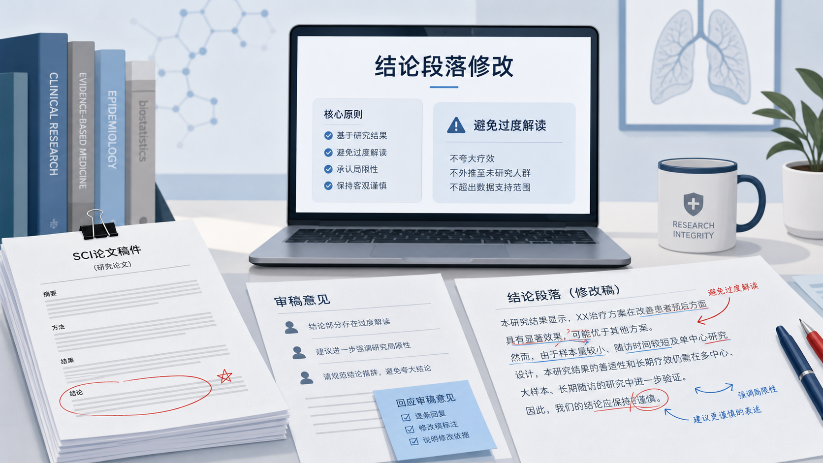 临床论文写作场景,桌面上有SCI论文、审稿意见、电脑屏幕显示结论段落修改标注,突出“避免过度解读、结论与结果一致”的概念
