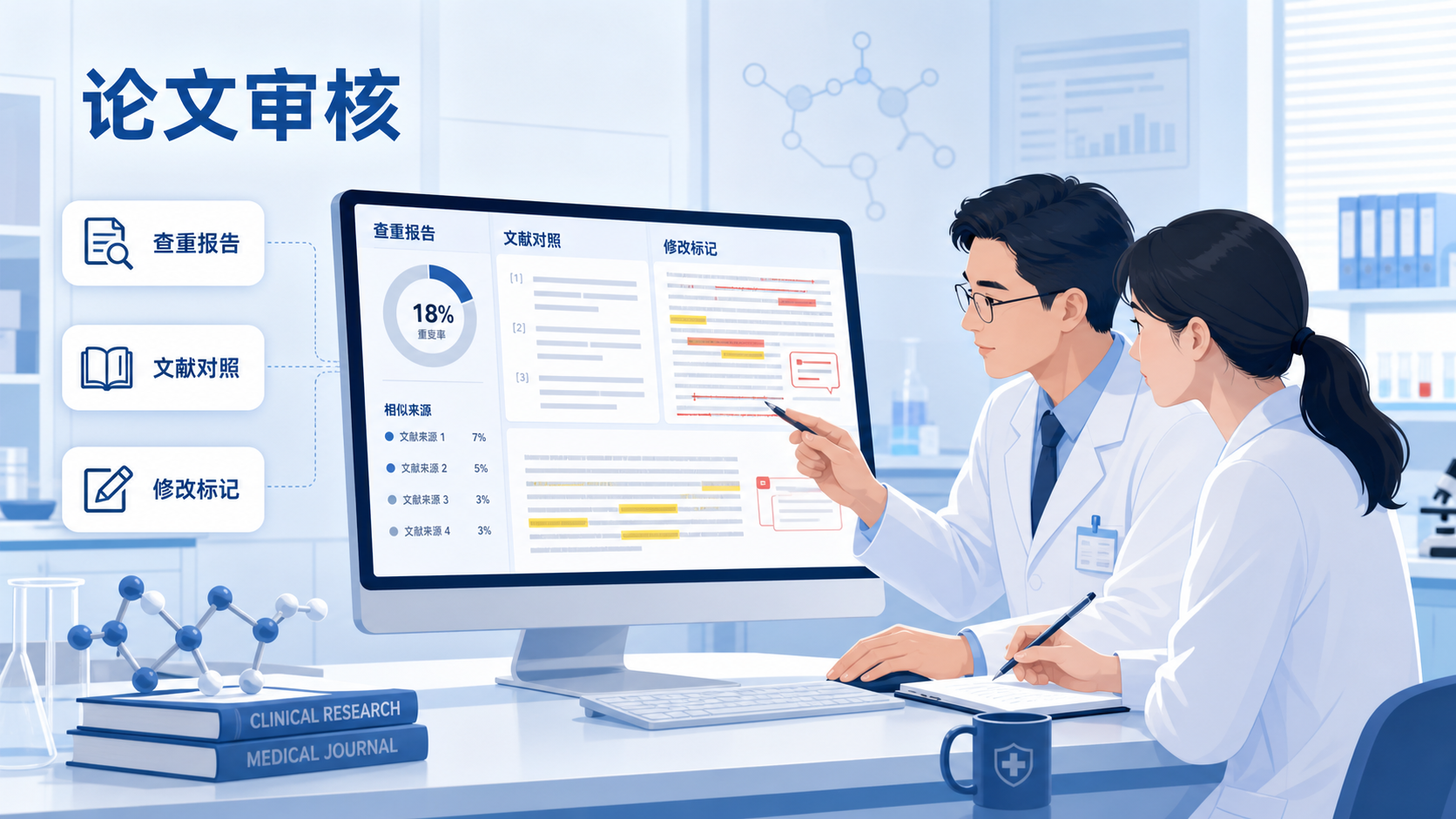 一位医生和研究生在电脑前检查临床论文,屏幕显示查重报告、文献对照和论文修改标记,背景为医院或实验室场景。