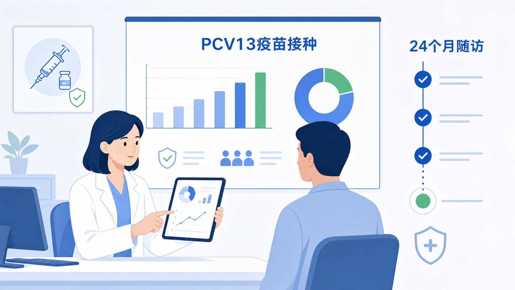 IBD门诊场景中,医生向患者解释PCV13疫苗接种与随访数据的示意图,旁边可加入24个月随访时间轴和疾病活动度监测图表。