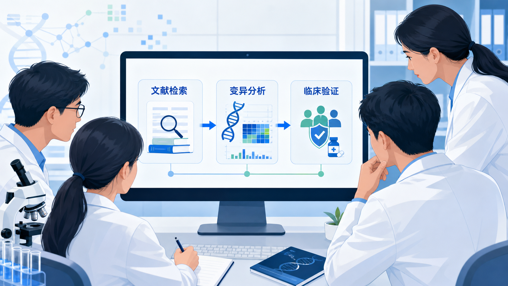 医学生和科研人员在电脑前查看药物基因组学研究流程图,屏幕上显示文献检索、变异分析和临床验证路径
