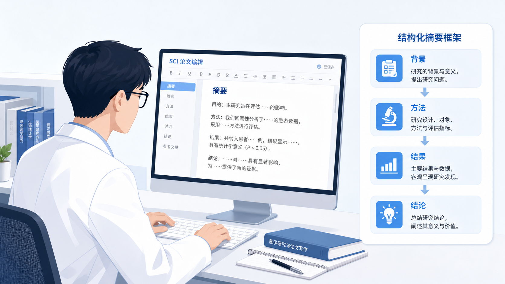 一位医学生在电脑前修改SCI论文摘要，旁边展示“背景-方法-结果-结论”的结构化摘要框架图