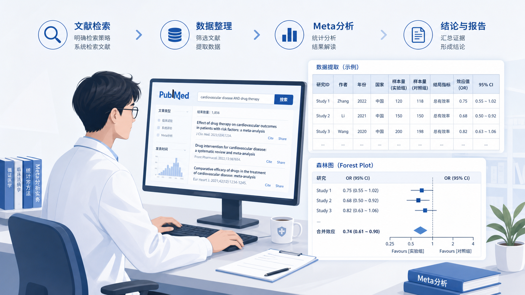 医学研究人员在电脑前整理文献，旁边有PubMed检索界面、Excel表格和森林图示意图