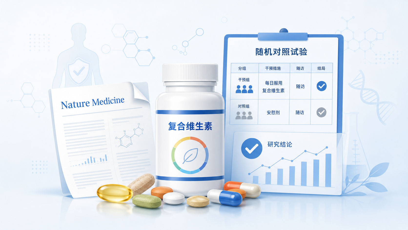 一项发表于《自然·医学》(Nature Medicine)的随机对照试验发现,每日服用复合维生素可在大规模人群中延缓认知衰老约 2 年。研究综合了 COSMOS 三项认知子研究、共 5203 名参与者的数据,并发现复合维生素在两年内减缓了 5 种表观遗传衰老时钟中的 2 种,其中对衰老较快人群的效果最为显著。这一结果进一步支持了微量营养素补充在对抗年龄相关认知衰退中的潜在公共健康价值。