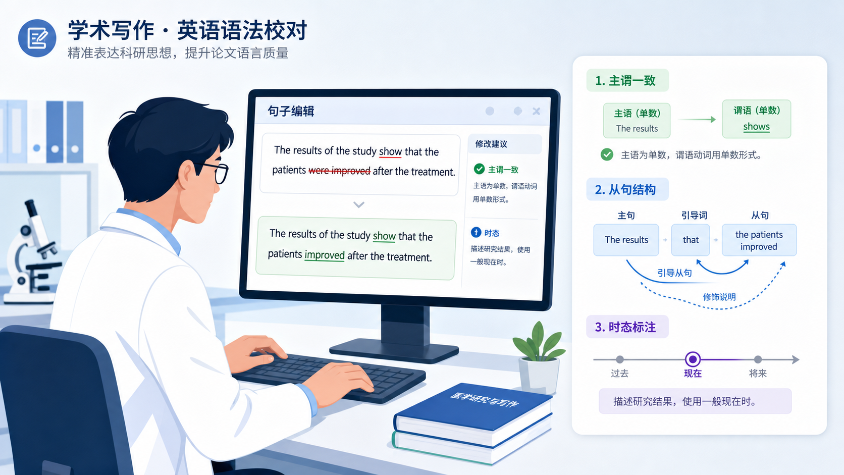 一位科研人员在电脑前修改SCI论文英文句子，旁边显示主谓一致、从句结构、时态标注的示意图
