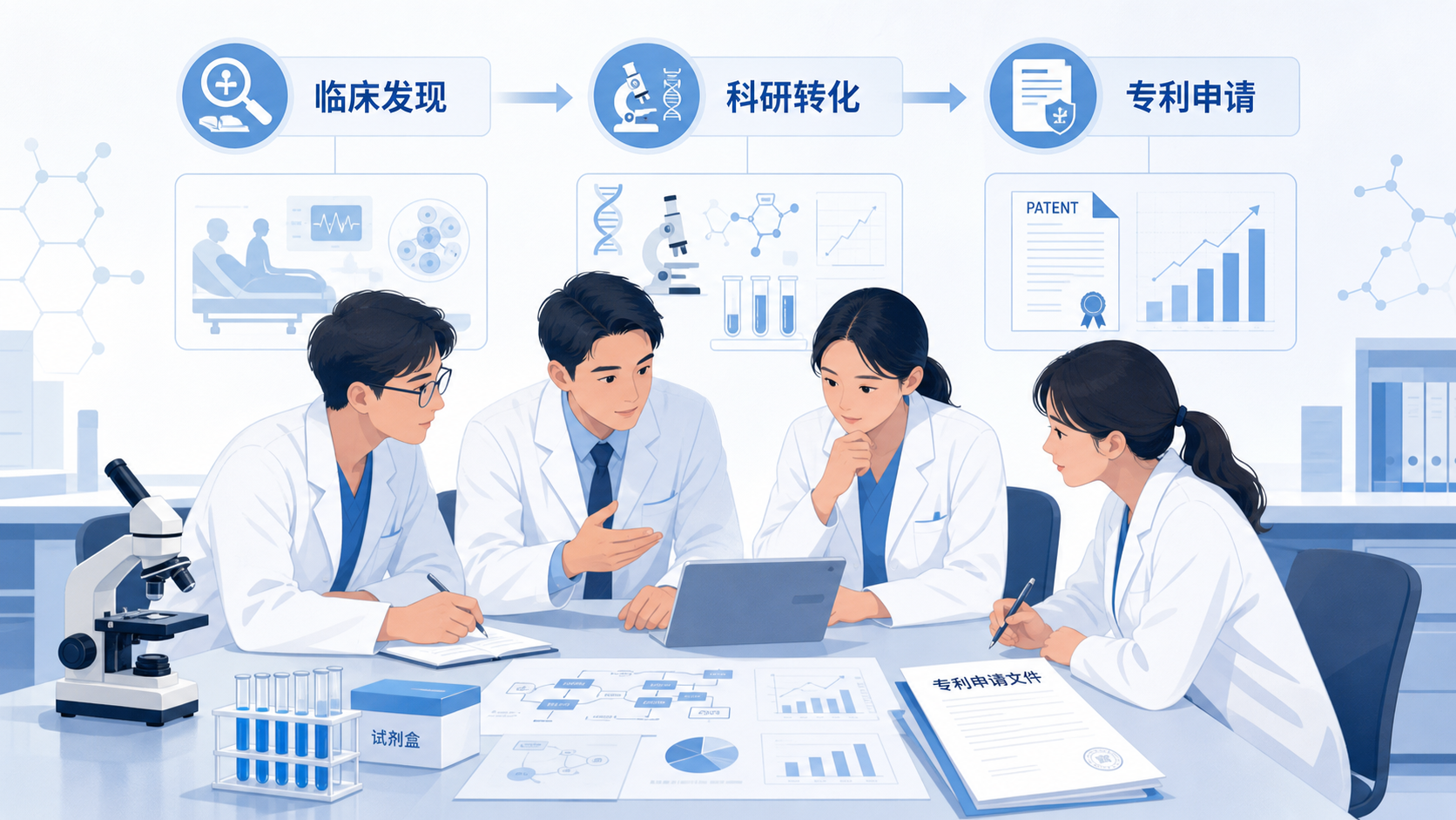 医学生、医生和科研人员围坐在实验台前,旁边有专利申请文件、显微镜、试剂盒和流程图,体现“从临床发现到专利文本”的转化场景。