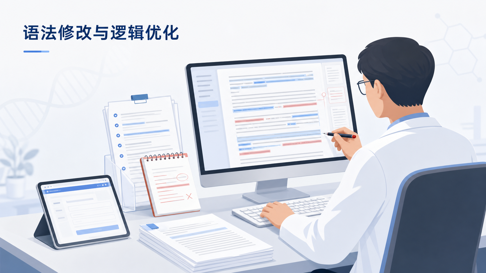 科研人员在电脑前逐句修改英文论文,旁边放着审稿意见、红色批注和期刊投稿页面,突出“语法修改与逻辑优化”的场景