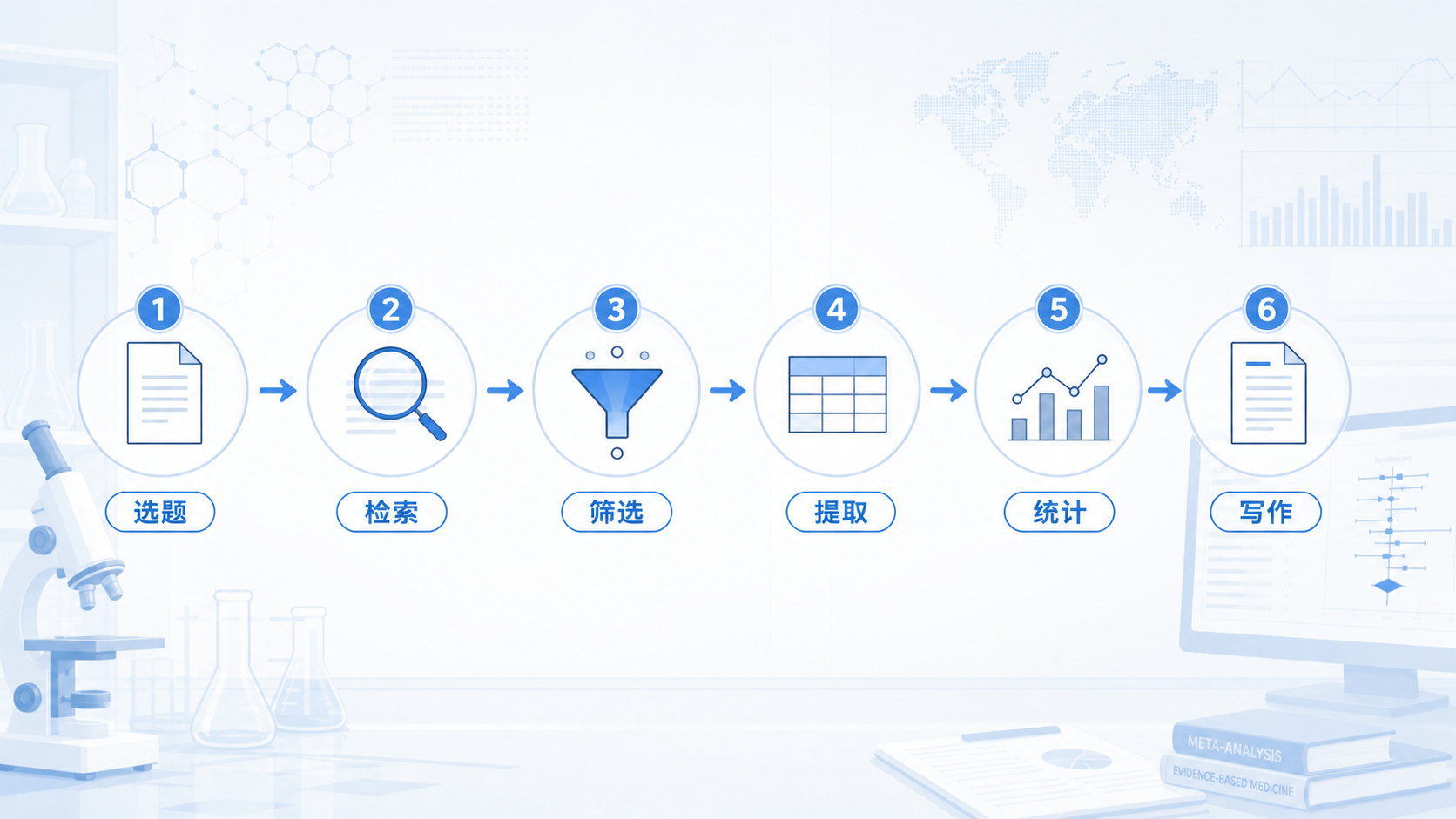 一张Meta分析全流程示意图，从选题、检索、筛选、提取、统计到写作，配简洁医学科研风格背景