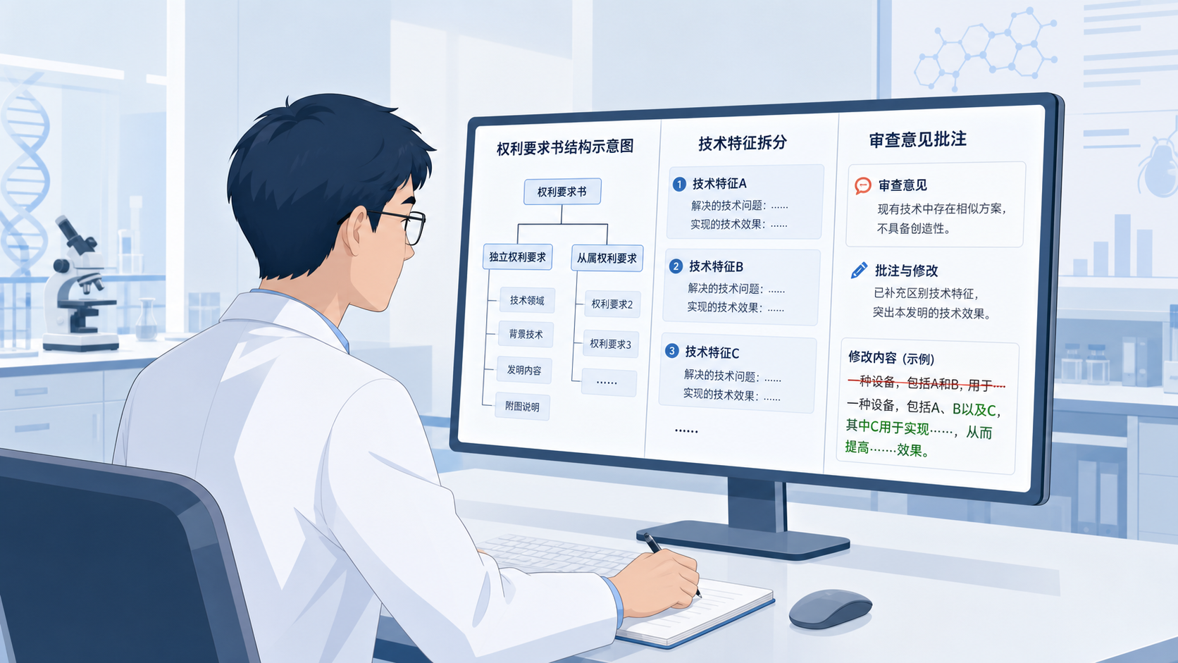 一位科研人员在电脑前修改专利文本,屏幕上显示权利要求书结构示意图、技术特征拆分与审查意见批注