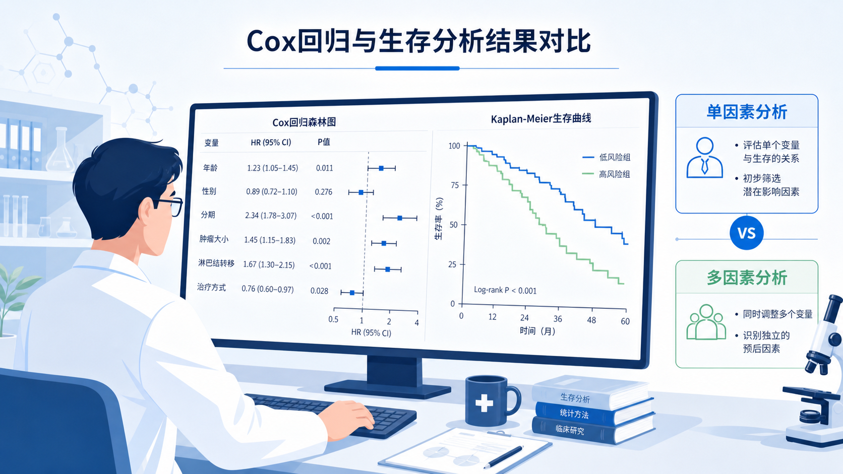 医学科研人员在电脑前查看Cox回归森林图和生存曲线,旁边标注单因素与多因素结果对比。