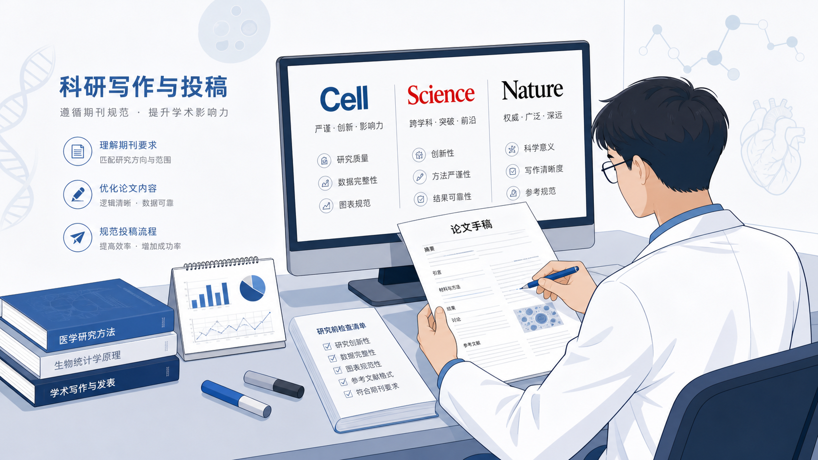 科研人员在电脑前对照论文手稿与期刊风格指南,屏幕上显示Cell、Science、Nature三个期刊封面与稿件修改痕迹。