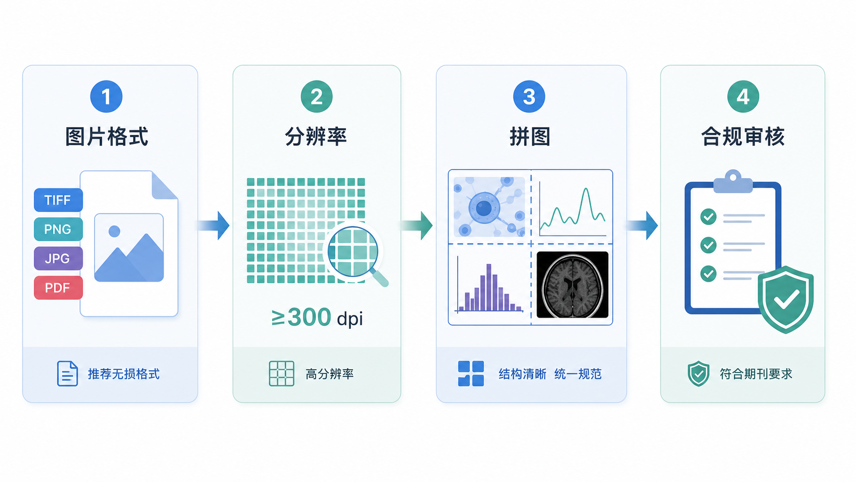 一张SCI投稿流程示意图,展示图片格式、分辨率、拼图、合规审核四个关键环节,风格简洁专业。