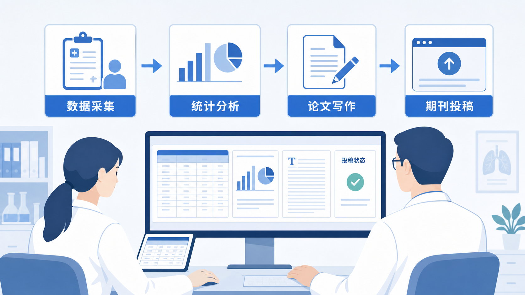 临床研究流程图,展示数据采集、统计分析、论文写作、期刊投稿四个环节,背景为医生与电脑协作场景