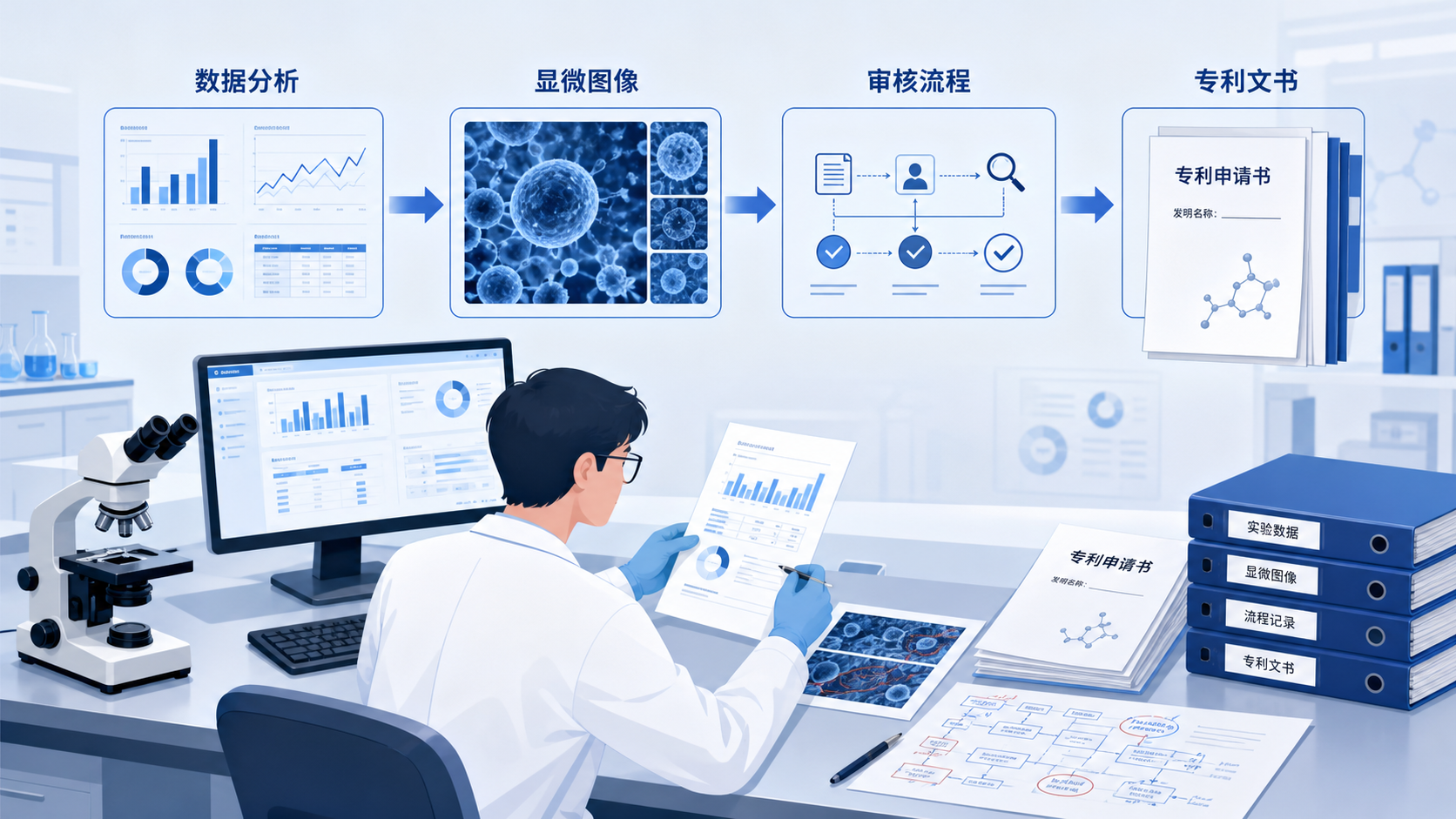实验室科研人员整理图表、专利审查文件和显微镜图像,体现“数据到专利文书”的转化场景