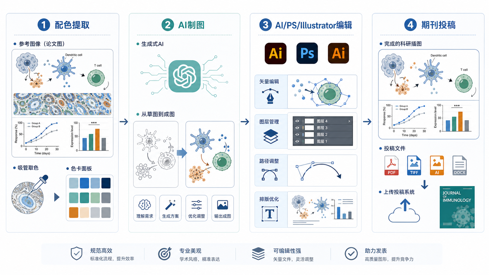 科研论文插图工作流示意图,包含配色提取、AI制图、AI/PS/Illustrator编辑、期刊投稿规范检查四个步骤,整体为简洁学术风格。