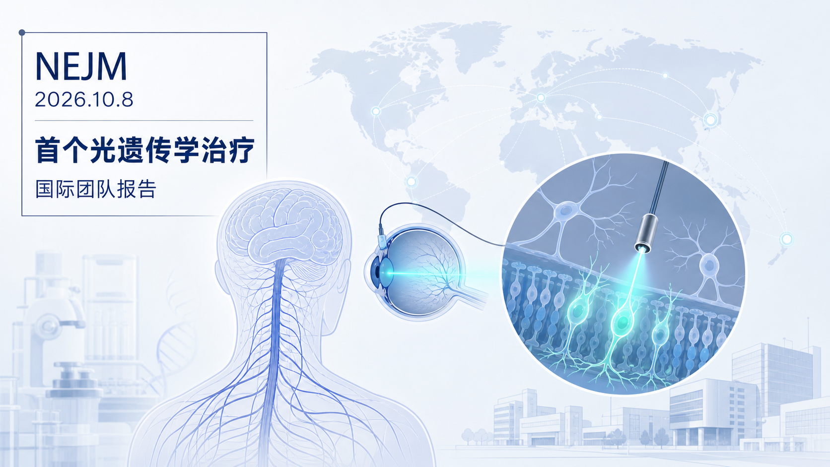 国际团队在《新英格兰医学杂志》（NEJM，2026 年 10 月 8 日）报告了首个光遗传学治疗晚期视网膜色素变性（RP）的临床队列结果：基因疗法（表达 ChrimsonR 光敏蛋白）联合特制护目镜，使 10 例受试者中 7 例光敏感度改善、6 例达到临床有意义改善阈值，部分患者可定位物体、找到门口、沿直线行走。该研究由美国匹兹堡大学 José-Alain Sahel 与瑞士巴塞尔分子与临床眼科研究所（IOB）Botond Roska 领衔，合作方为 GenSight Biologics。