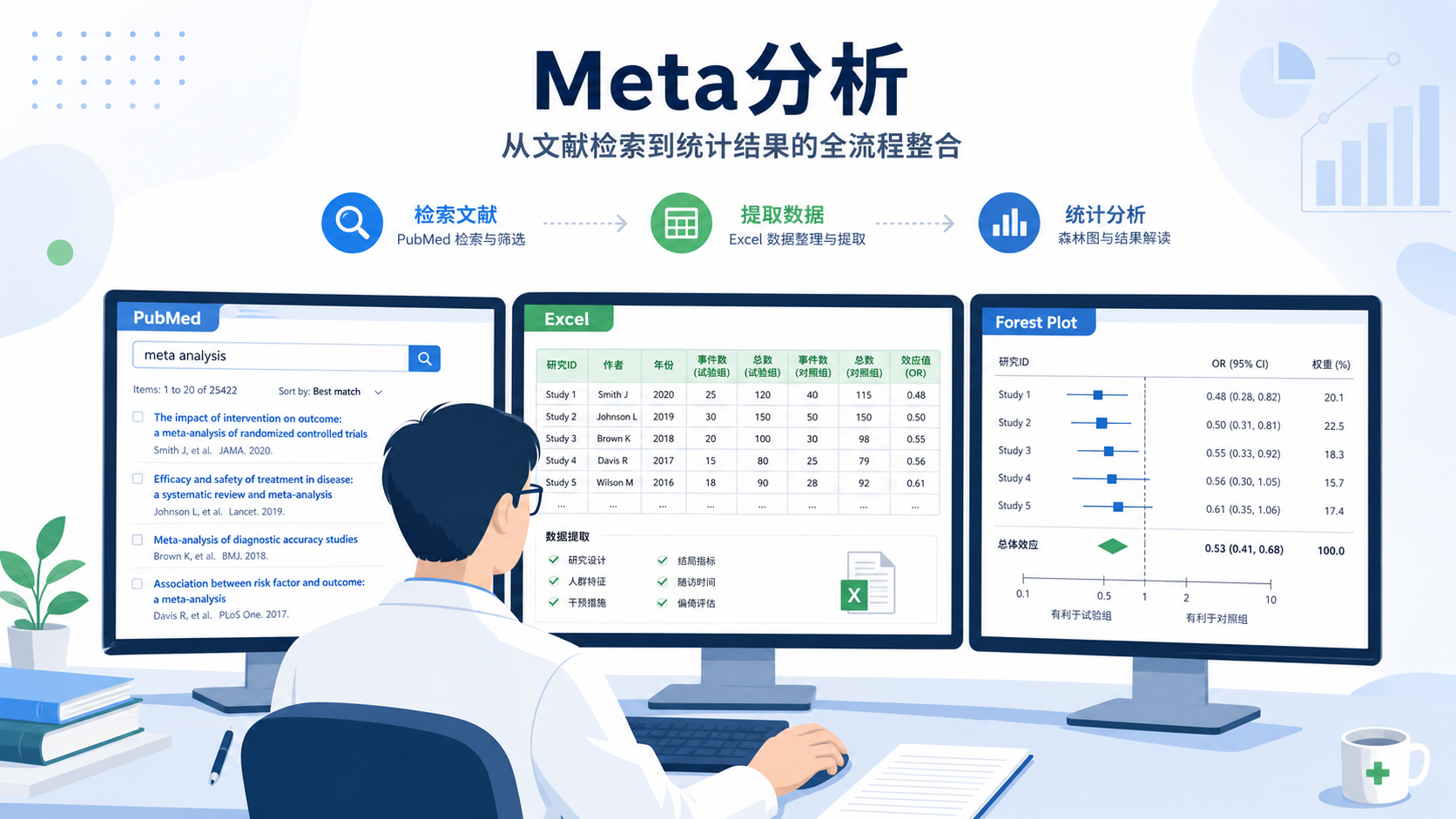 科研人员在电脑前同时查看PubMed检索结果、Excel数据表和森林图,体现Meta分析全流程协作场景