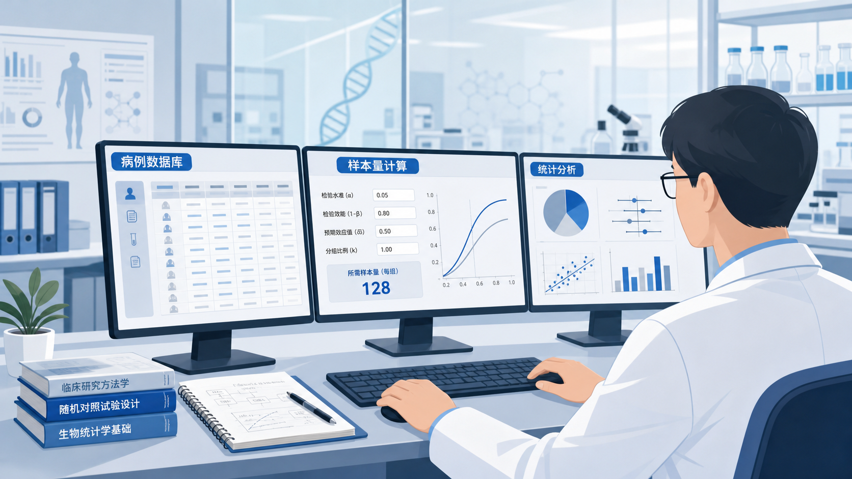 一位临床研究者在电脑前查看病例数据库、样本量计算表和统计软件界面,背景为医院科研场景
