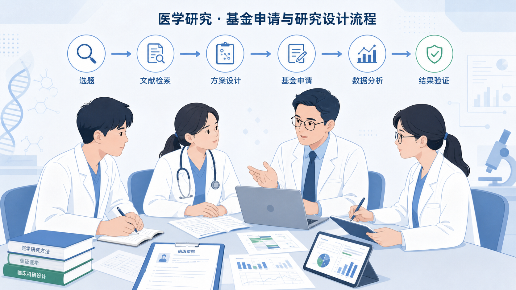 医学生、临床医生与科研人员围绕文献、病历和实验数据讨论选题,背景为基金申请与研究设计流程示意图