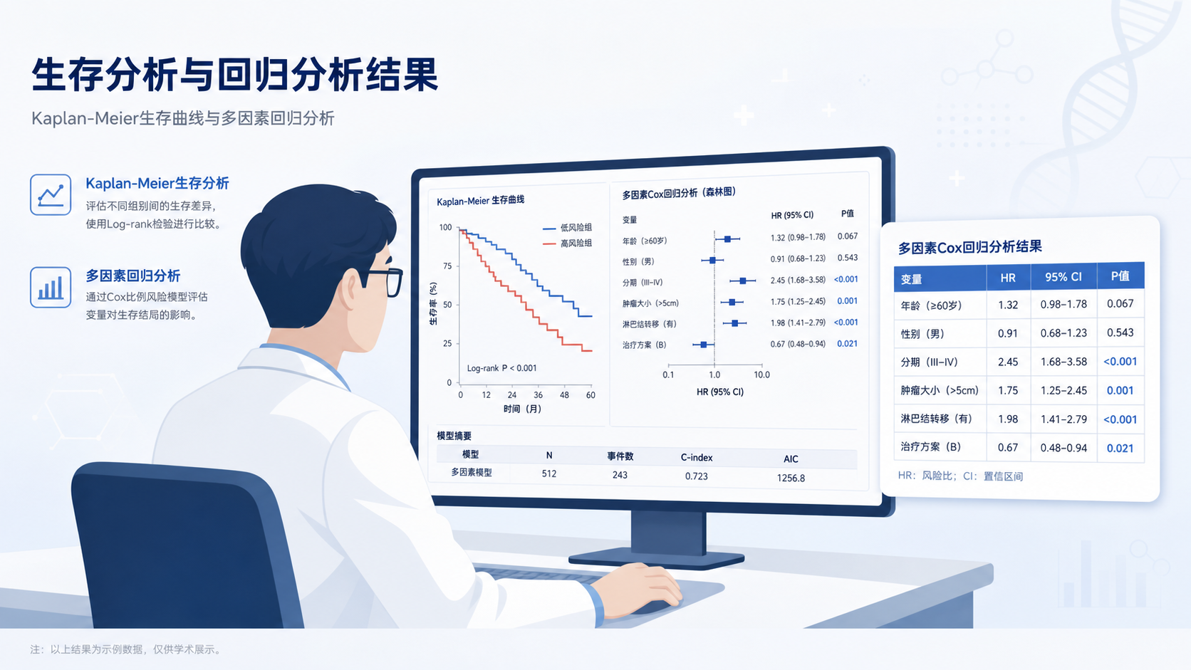 临床医生在电脑前查看生存曲线和回归结果,旁边展示HR、95%CI和P值的统计表格