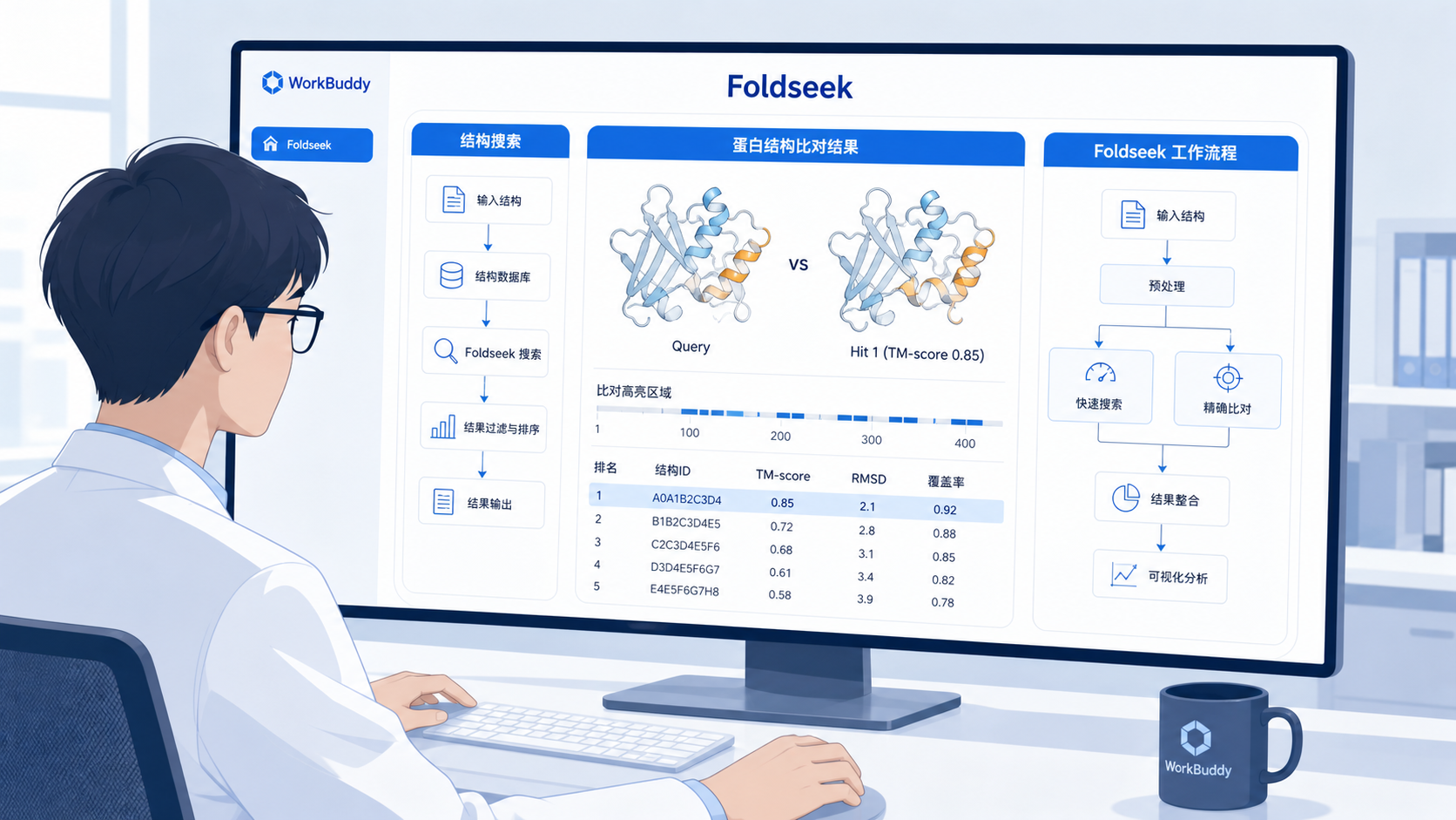 科研人员在电脑前使用WorkBuddy整理Foldseek结构搜索流程,屏幕上显示蛋白结构比对结果、筛选表格和文献列表。