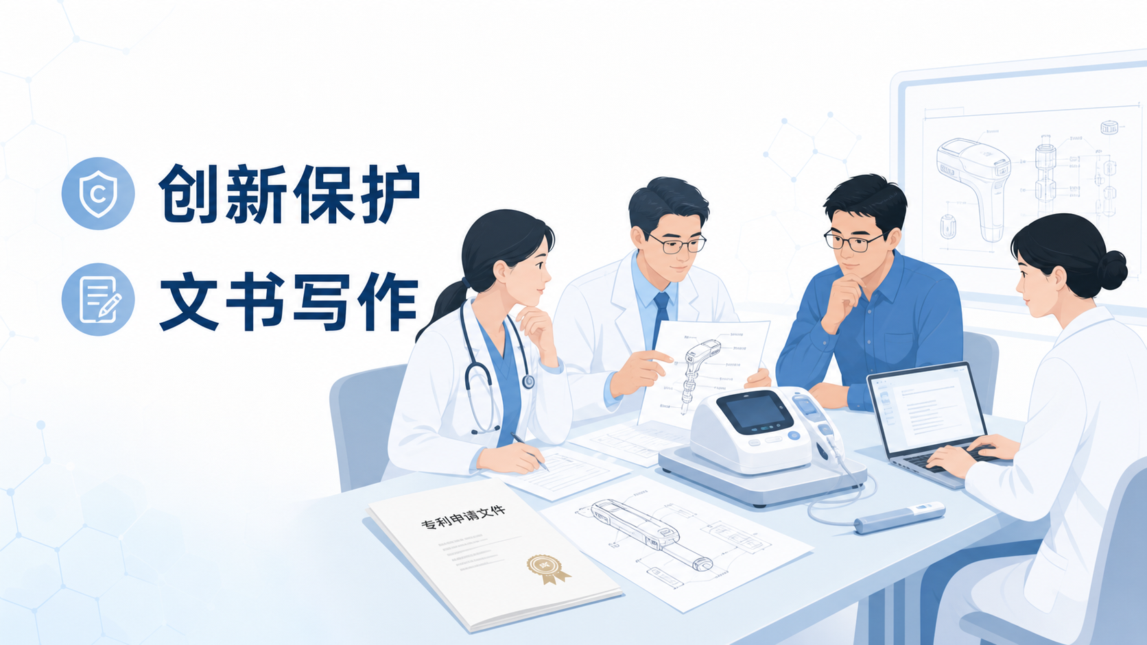 医护科研人员围绕医疗器械原型、专利文件和结构示意图讨论,画面简洁专业,突出“创新保护”和“文书写作”主题