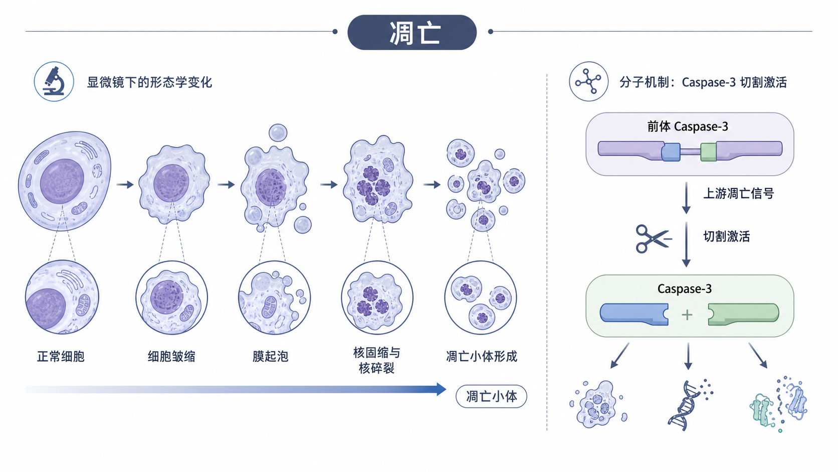 显微镜下凋亡细胞形态变化示意图，配合Caspase-3剪切激活的分子通路简图，体现“形态学变化+信号通路激活”