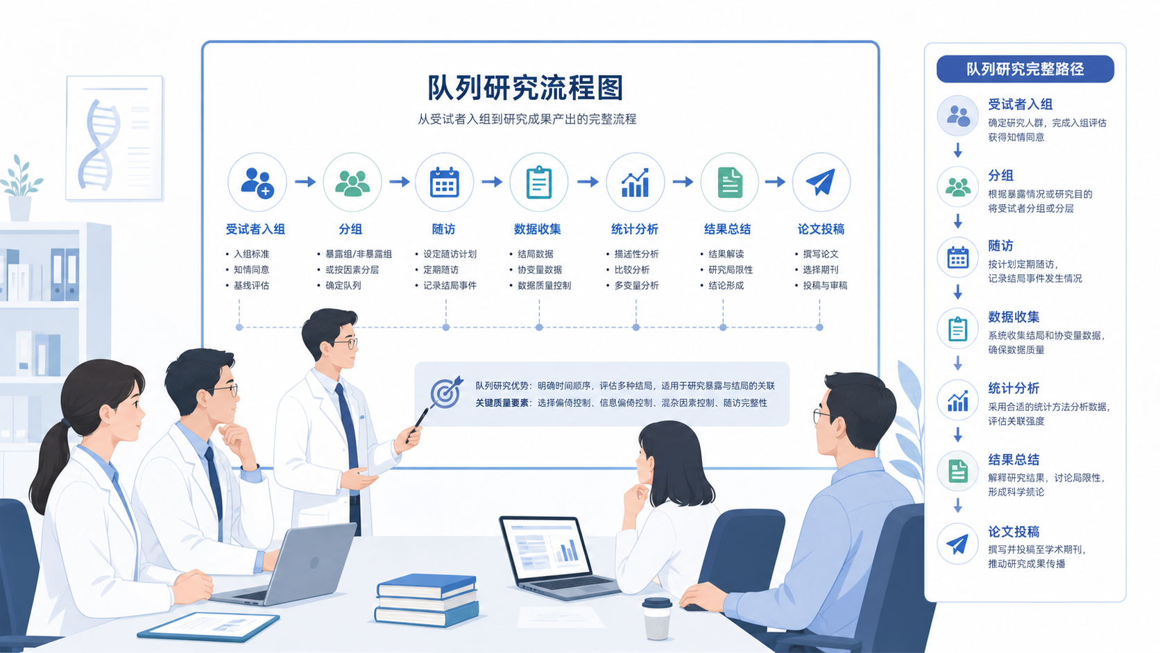 临床研究团队围绕队列研究流程图讨论，旁边展示分组、随访、统计分析和论文投稿的完整路径示意图