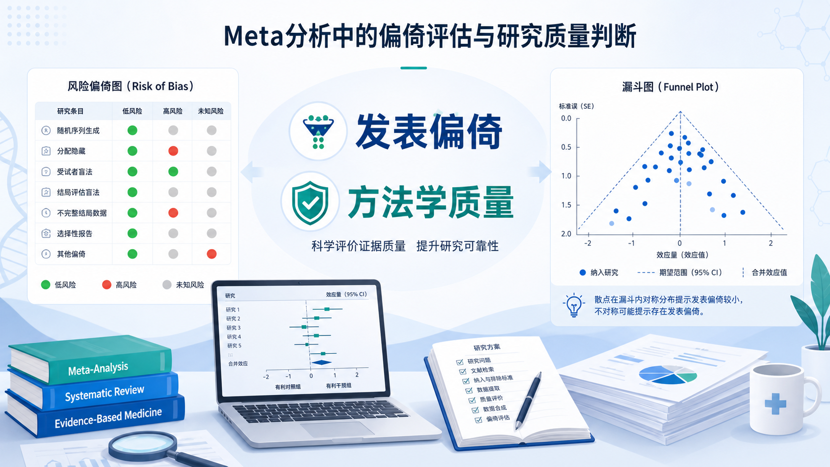 Meta分析论文写作场景图，左侧为风险偏倚图，右侧为漏斗图，中间突出“发表偏倚”“方法学质量”关键词