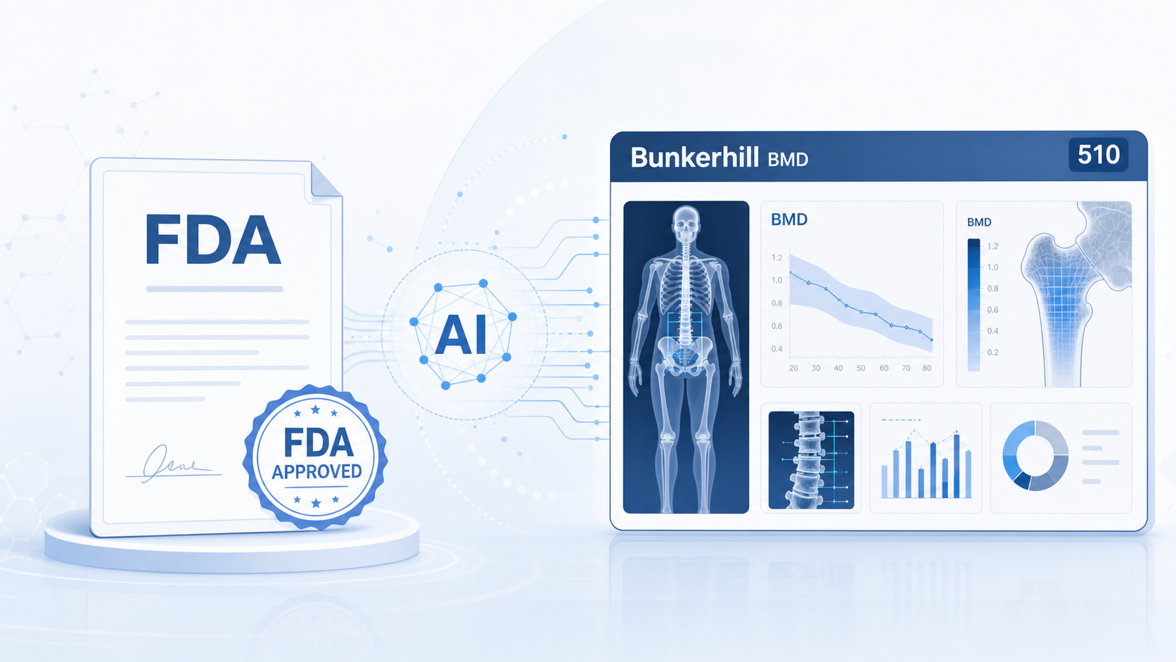 美国食品药品监督管理局（FDA）批准了人工智能驱动的 Bunkerhill BMD 软件 510(k) 许可，该软件可自动评估非增强腹部 CT 扫描中的骨密度（BMD），用于 30 岁及以上成人。这一由斯坦福大学团队开发的算法无需额外影像设备或额外辐射暴露，即可实现骨质疏松的"机会性筛查"，被业界视为预防医学范式的转变。
