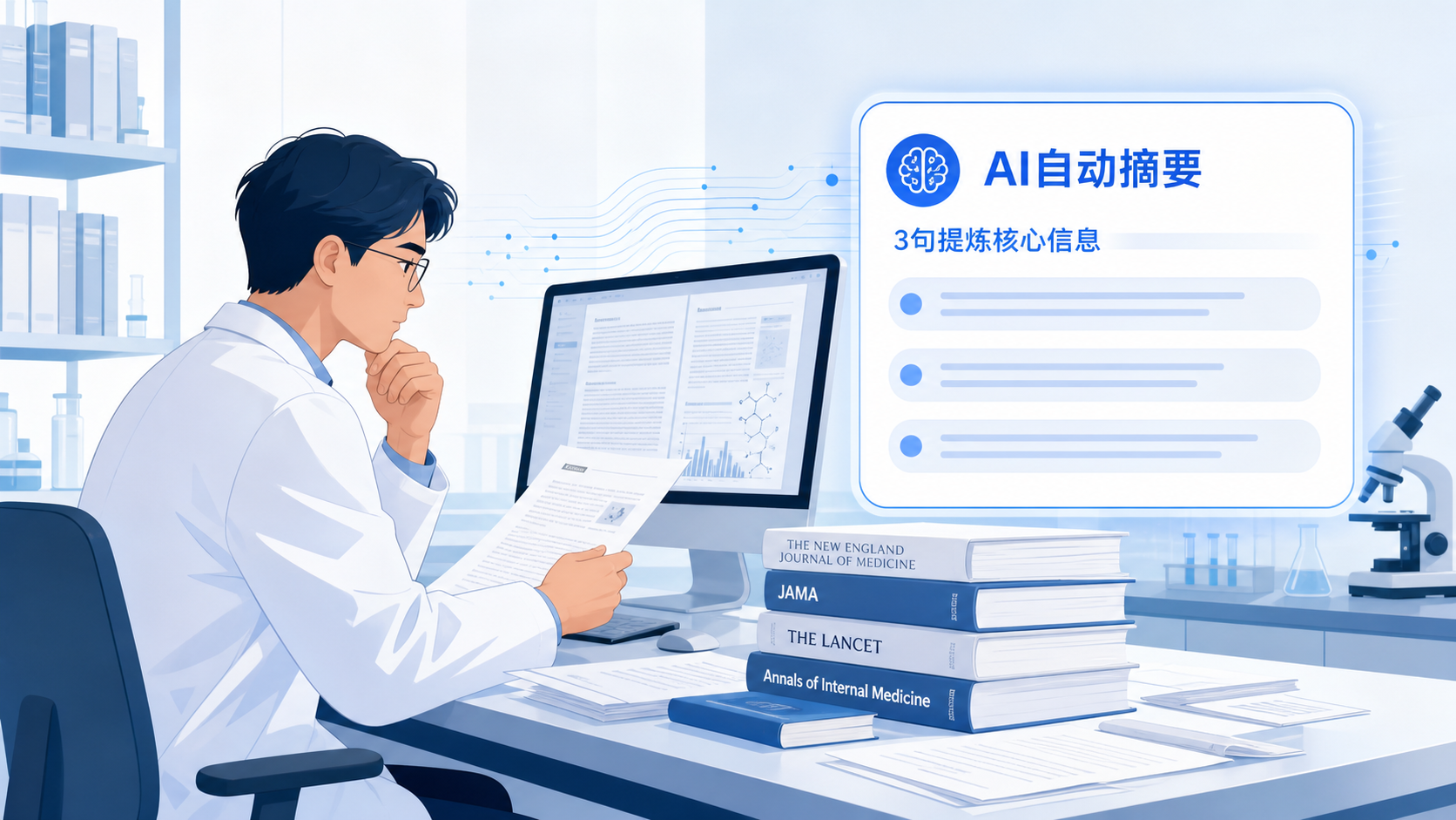 一位科研人员面对大量英文文献，旁边是AI界面自动生成三句话摘要，画面简洁、专业，突出“快速提炼核心信息”